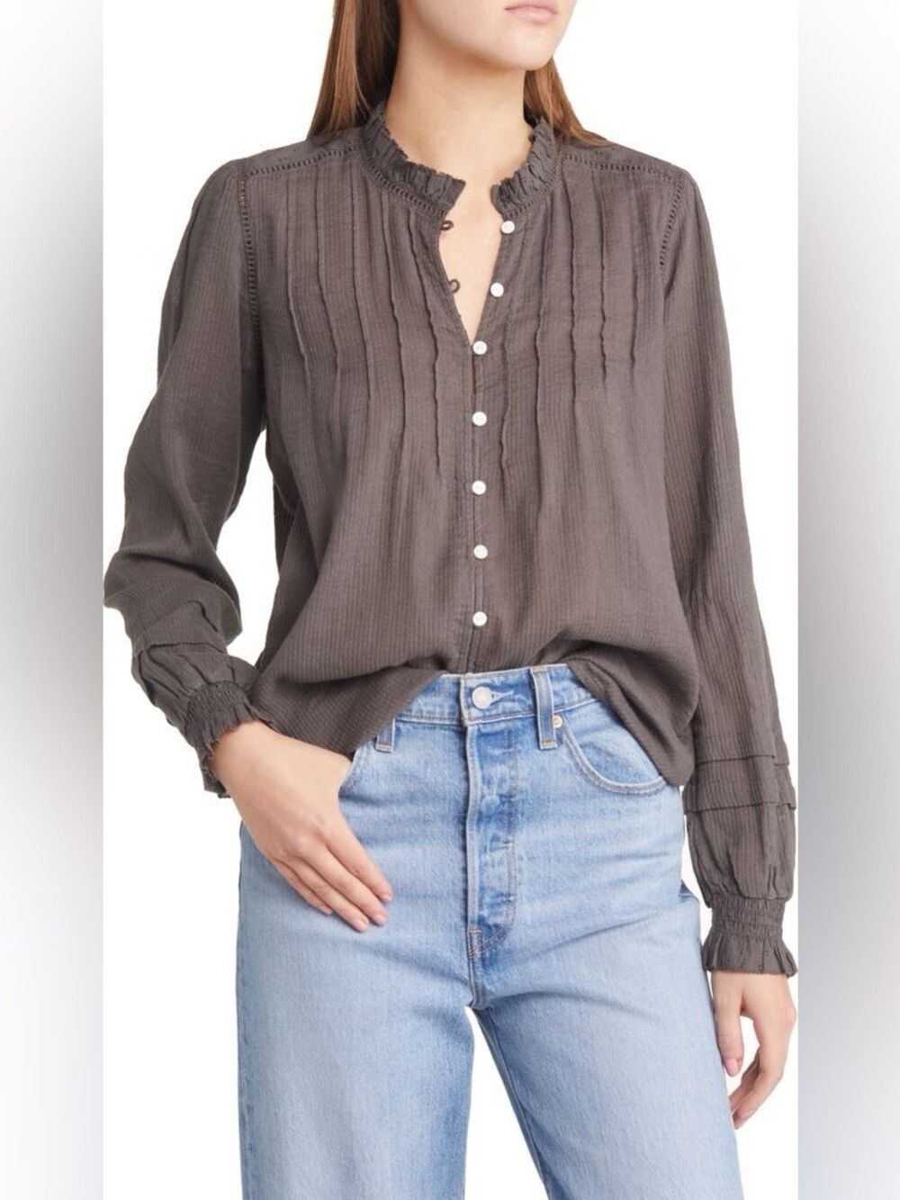 Faherty Organic Cotton Charcoal Peasant Top, Women's 27” Long Sleeve Medium